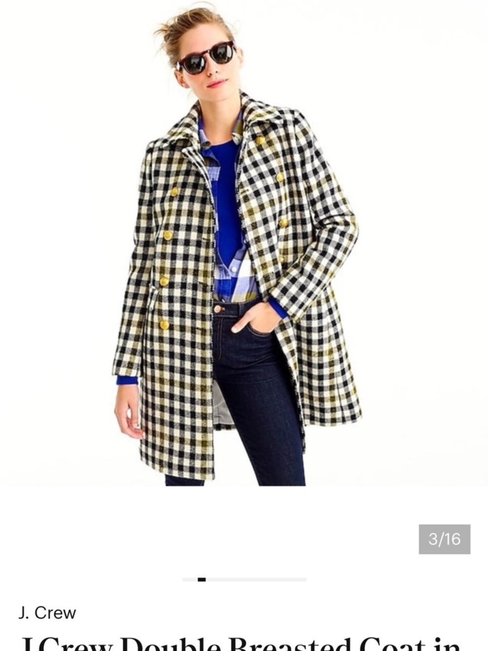 J. Crew Black and White Check Pea Coat with Gold Buttons